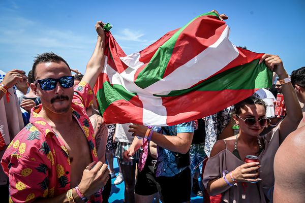 Guy with sunglasses waving a big flag at a day party